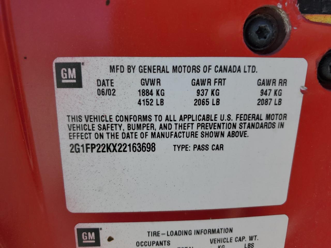 2002 Chevrolet Camaro VIN: 2G1FP22KX22163698 Lot: 88935865