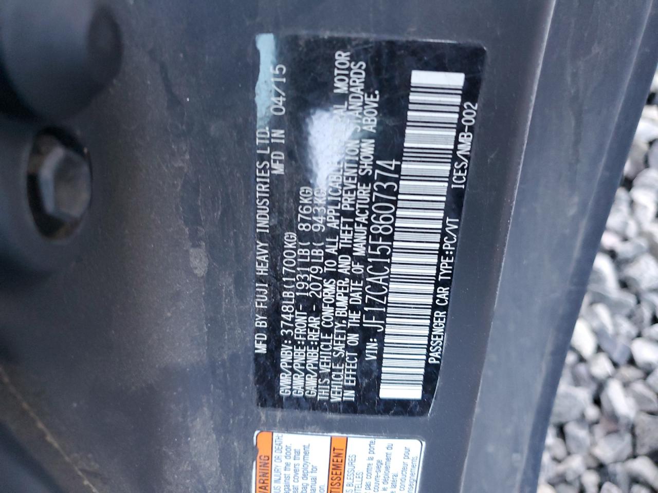 2015 Subaru Brz 2.0 Limited VIN: JF1ZCAC15F8607374 Lot: 87708015