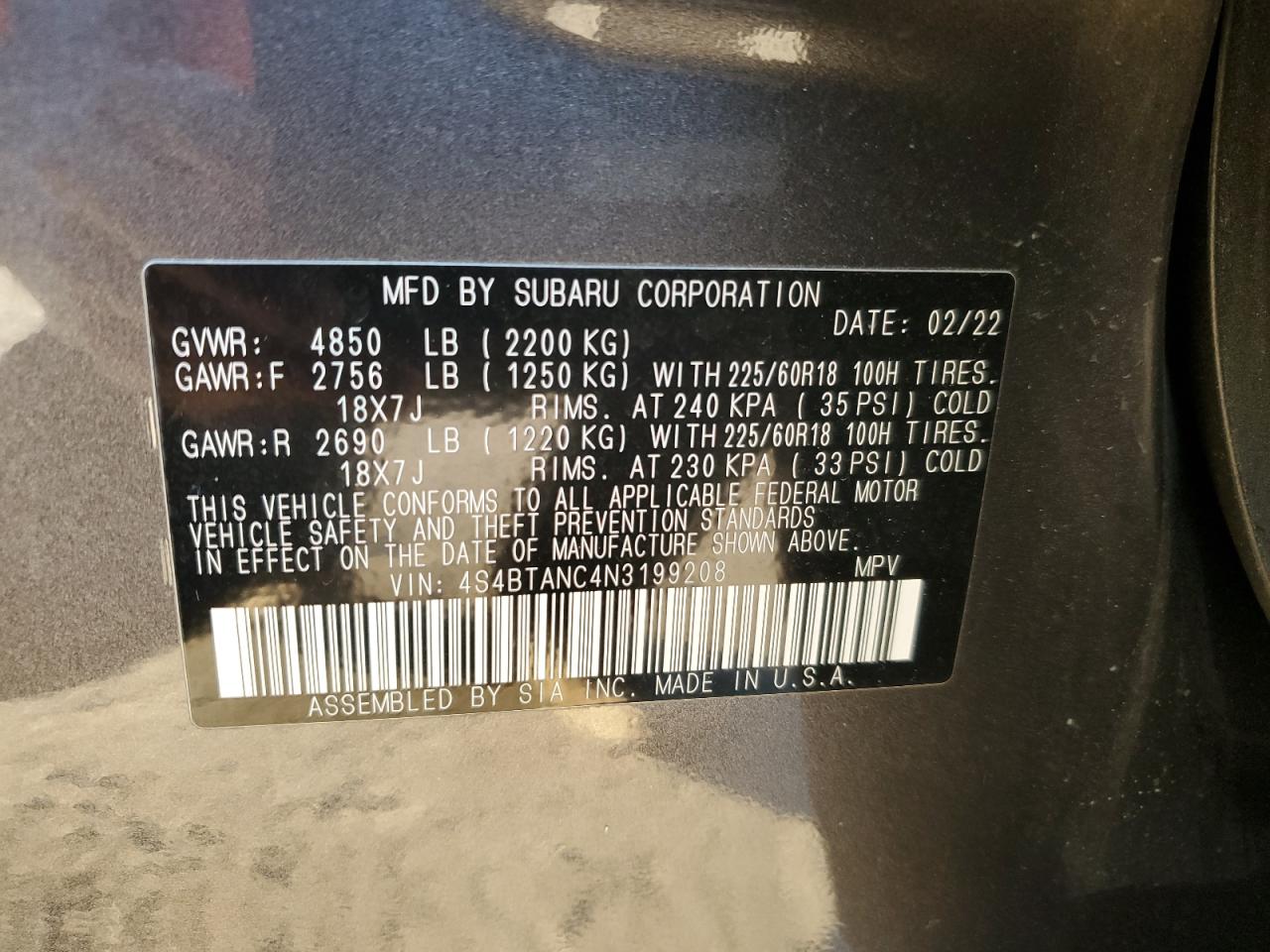 2022 Subaru Outback Limited VIN: 4S4BTANC4N3199208 Lot: 41559495