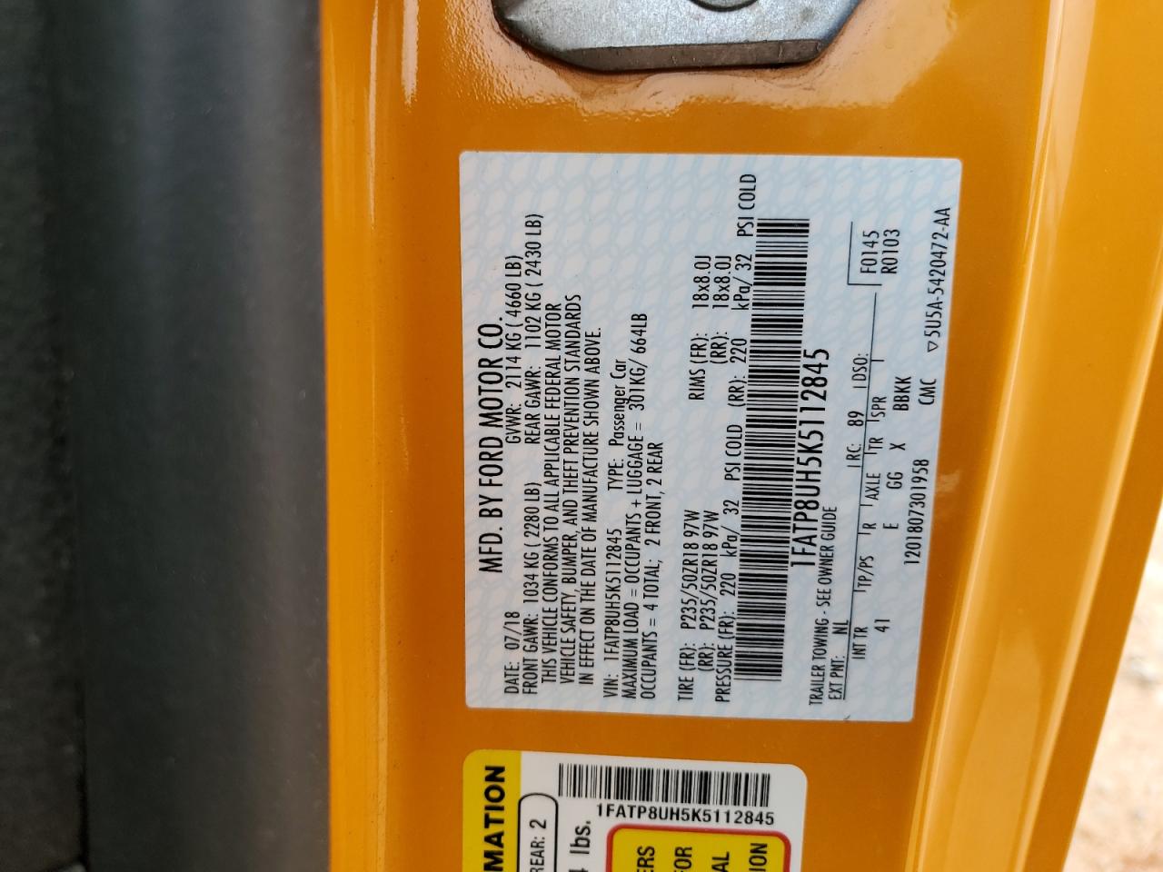 2019 Ford Mustang VIN: 1FATP8UH5K5112845 Lot: 41956895