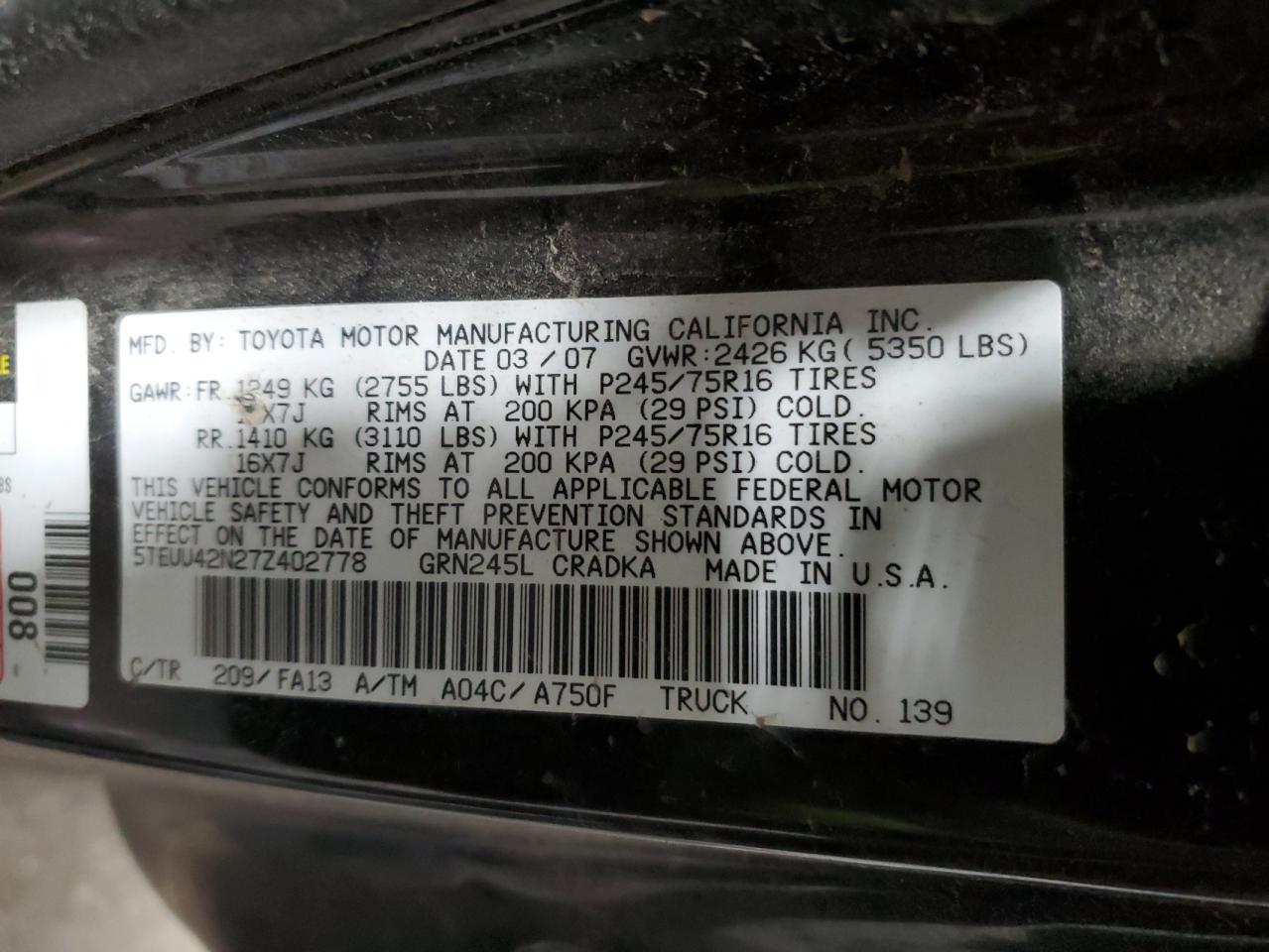 2007 Toyota Tacoma Access Cab VIN: 5TEUU42N27Z402778 Lot: 86560274