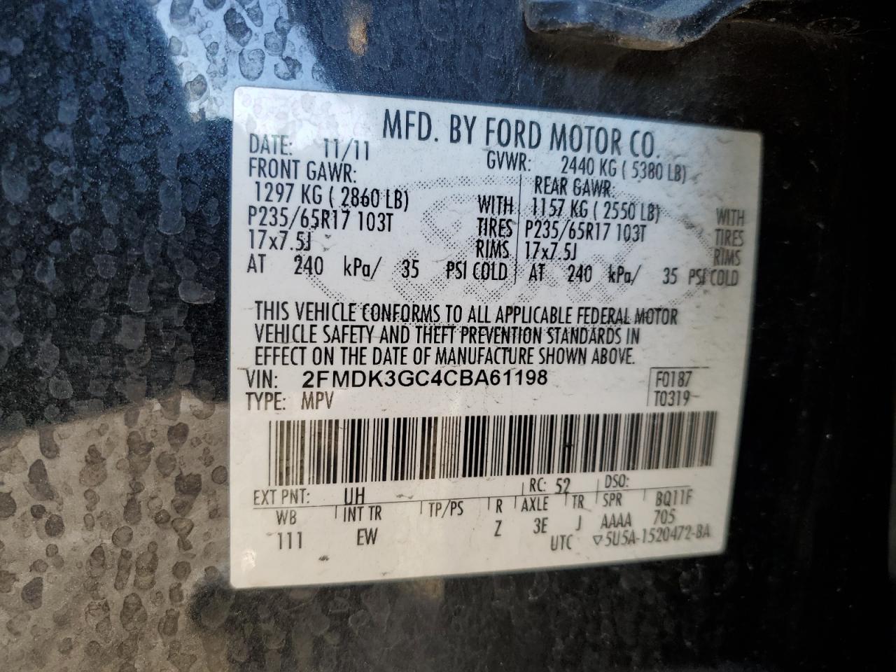 2012 Ford Edge Se VIN: 2FMDK3GC4CBA61198 Lot: 87940895