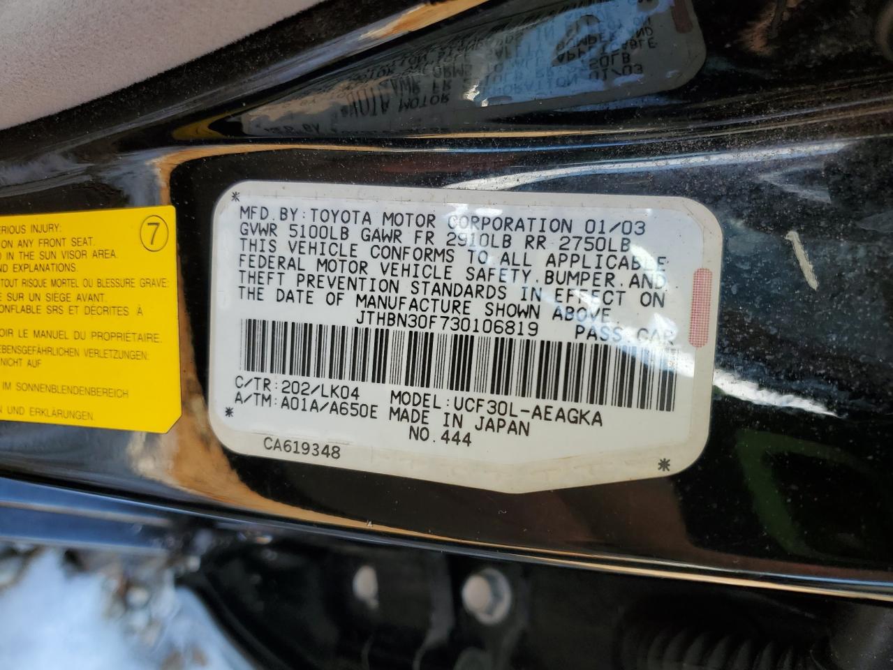 2003 Lexus Ls 430 VIN: JTHBN30F730106819 Lot: 89334185