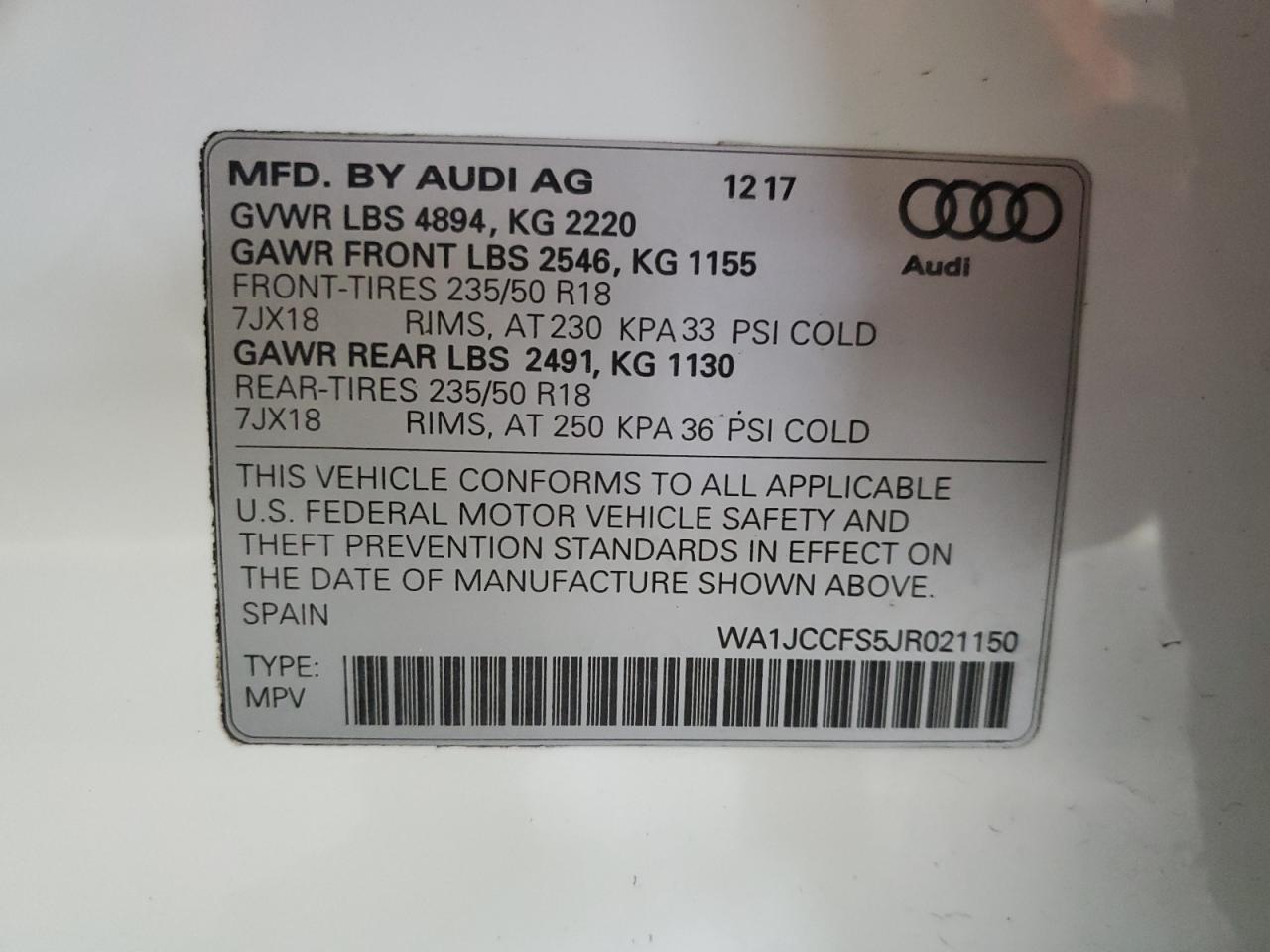 VIN WA1JCCFS5JR021150 2018 AUDI Q3 no.13