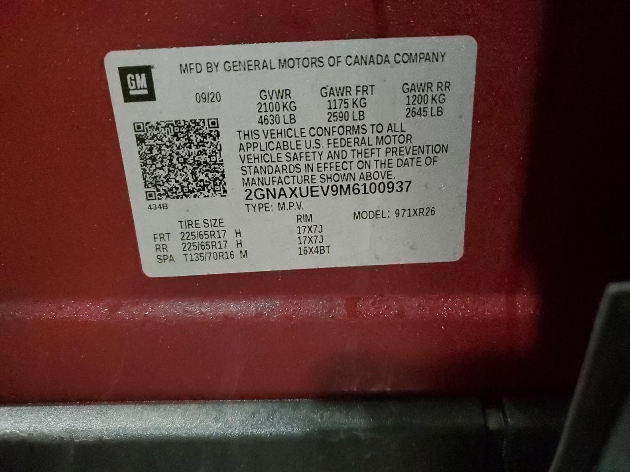 2021 Chevrolet Equinox Lt VIN: 2GNAXUEV9M6100937 Lot: 87290404