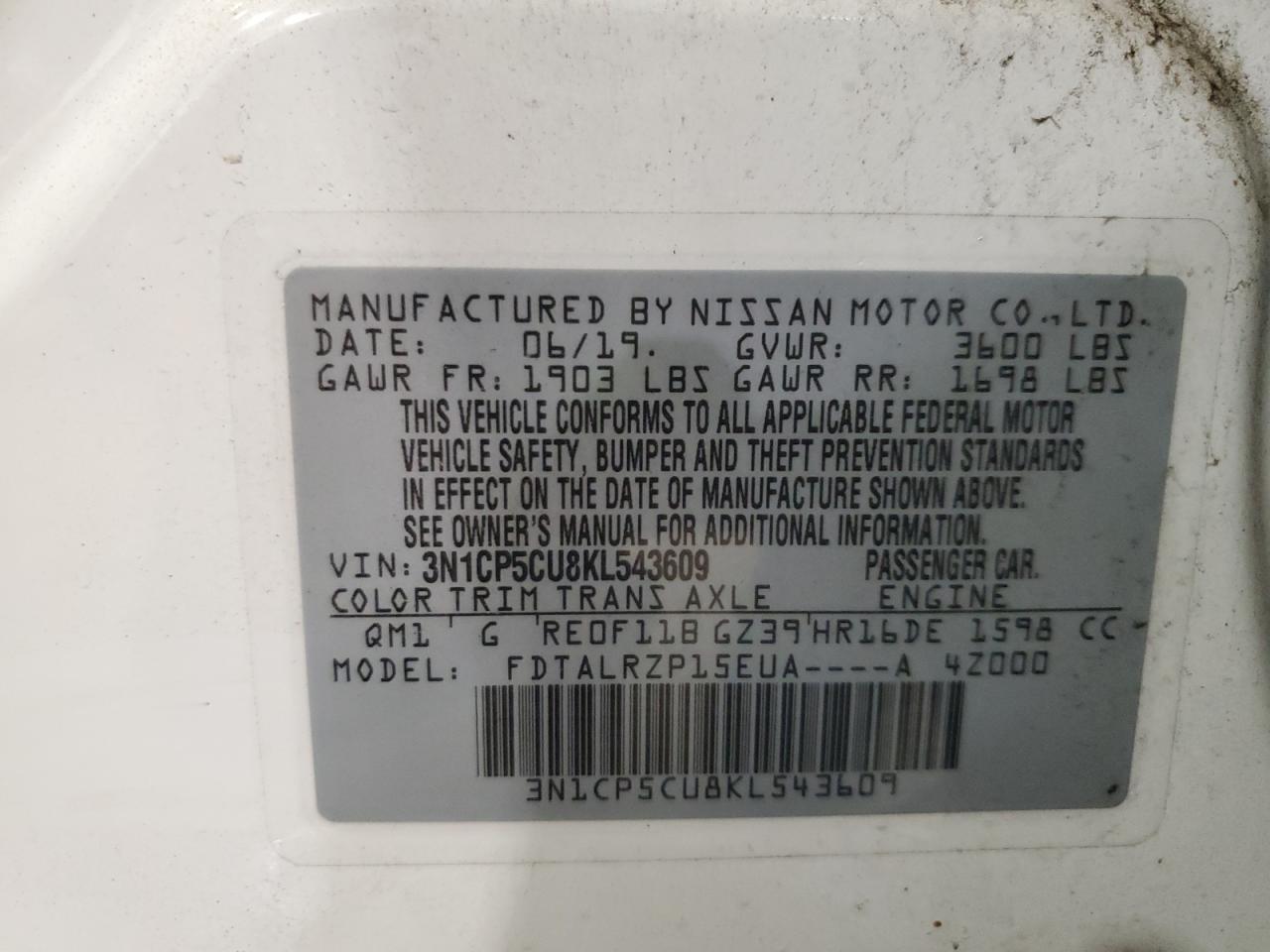 2019 Nissan Kicks S VIN: 3N1CP5CU8KL543609 Lot: 43336965