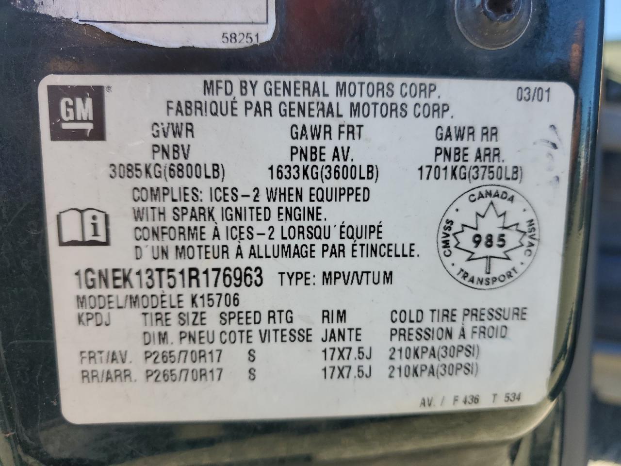 2001 Chevrolet Tahoe K1500 VIN: 1GNEK13T51R176963 Lot: 88198655