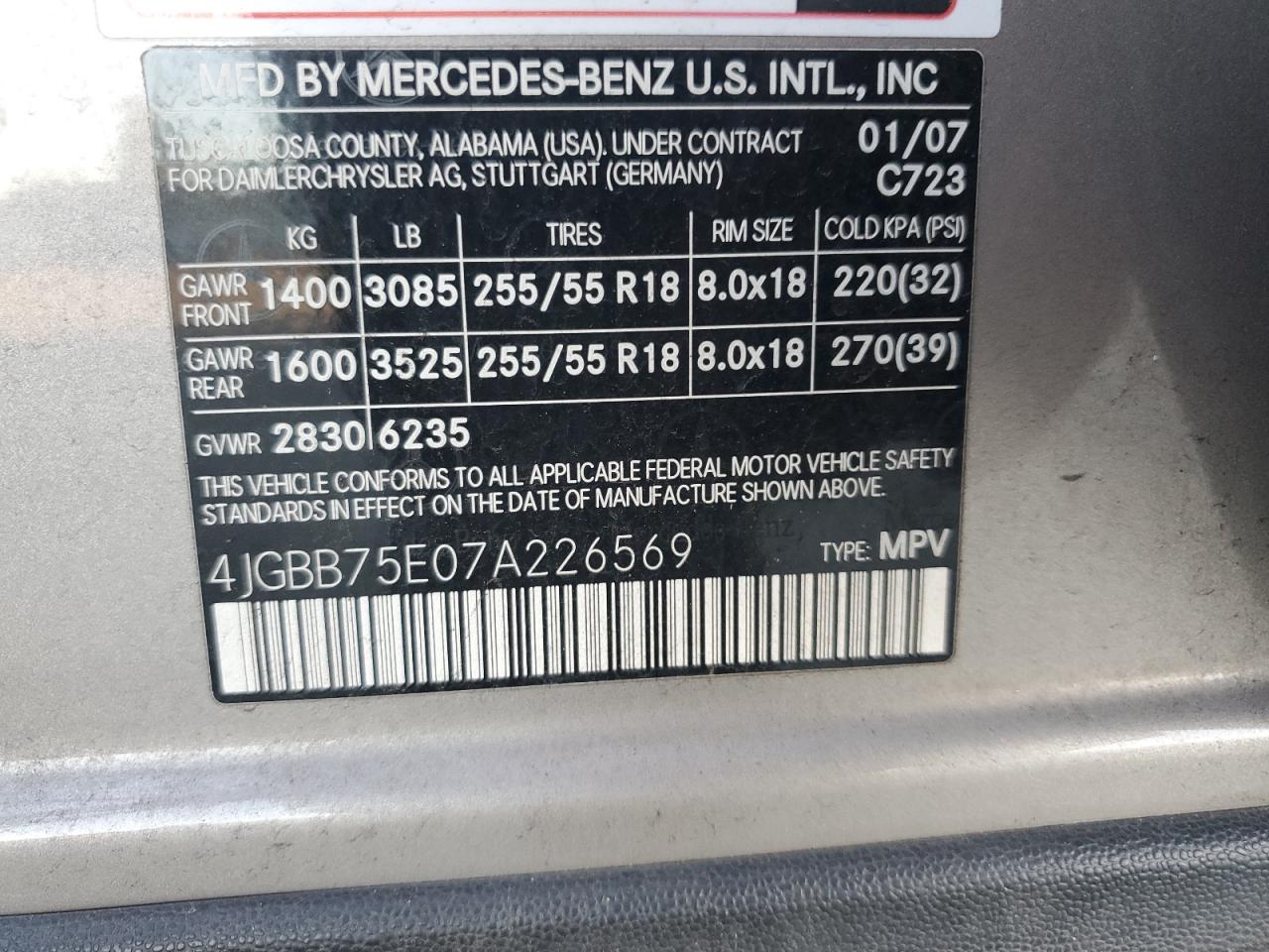 2007 Mercedes-Benz Ml 500 VIN: 4JGBB75E07A226569 Lot: 86485004