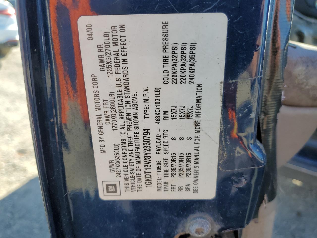 2000 GMC Jimmy / Envoy VIN: 1GKDT13W8Y2330794 Lot: 87745825