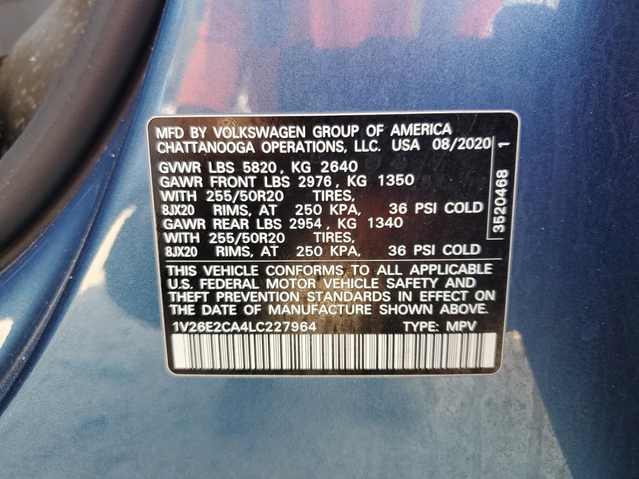 1v26e2ca4lc227964 1V26E2CA4LC227964 2020 Volkswagen Atlas Cross Sport Se