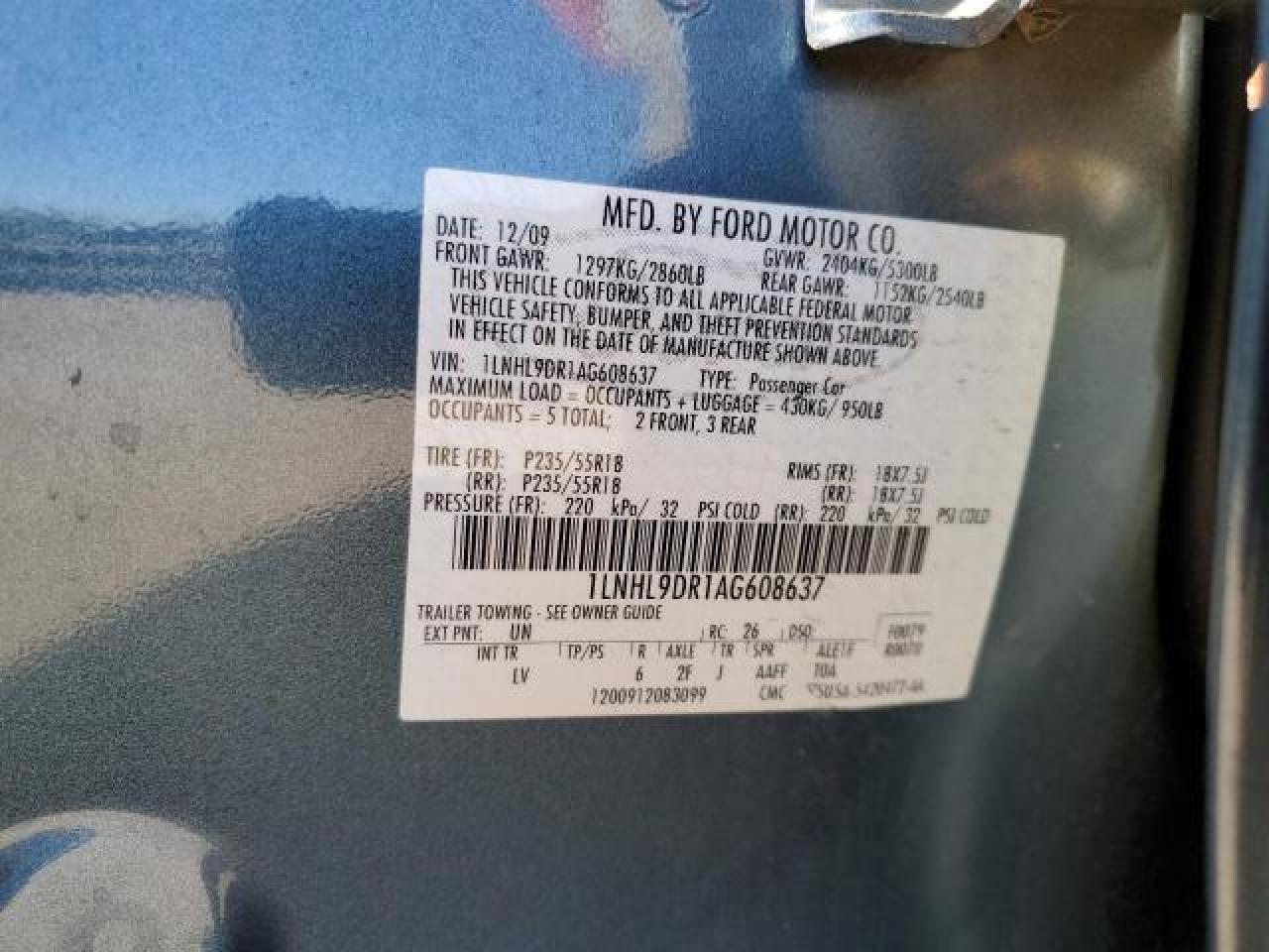 2010 Lincoln Mks VIN: 1LNHL9DR1AG608637 Lot: 87896175