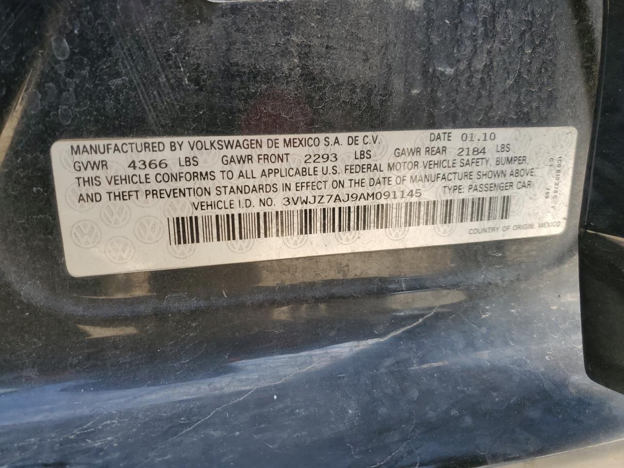 2010 Volkswagen Jetta Seda VIN: 3VWJ27AJ9AM091145 Lot: 88850285
