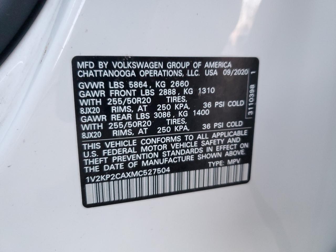 2021 Volkswagen Atlas Se VIN: XV2KP2CAXMC527504 Lot: 42582925