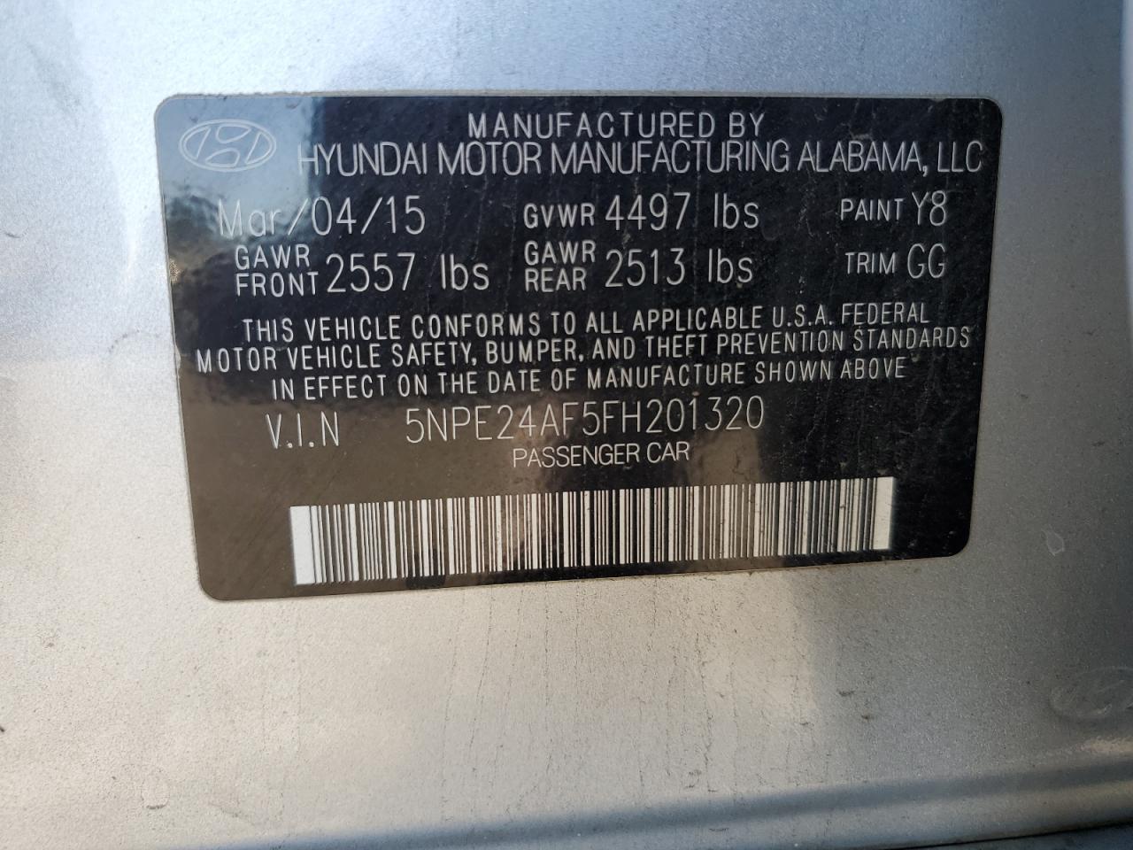 2015 Hyundai Sonata Se VIN: 5NPE24AF5FH201320 Lot: 41437145