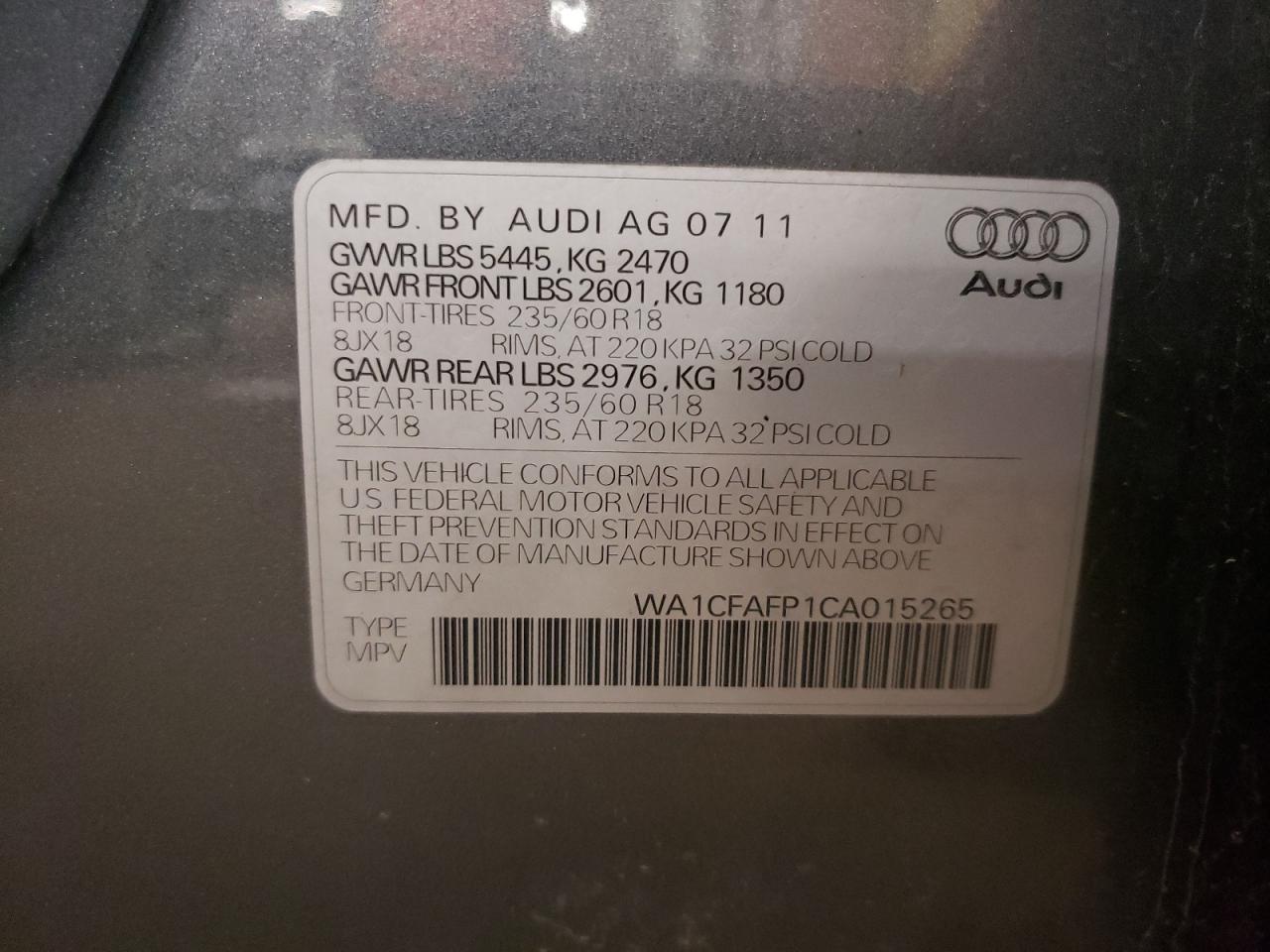 2012 Audi Q5 Premium VIN: WA1CFAFP1CA015265 Lot: 42771975