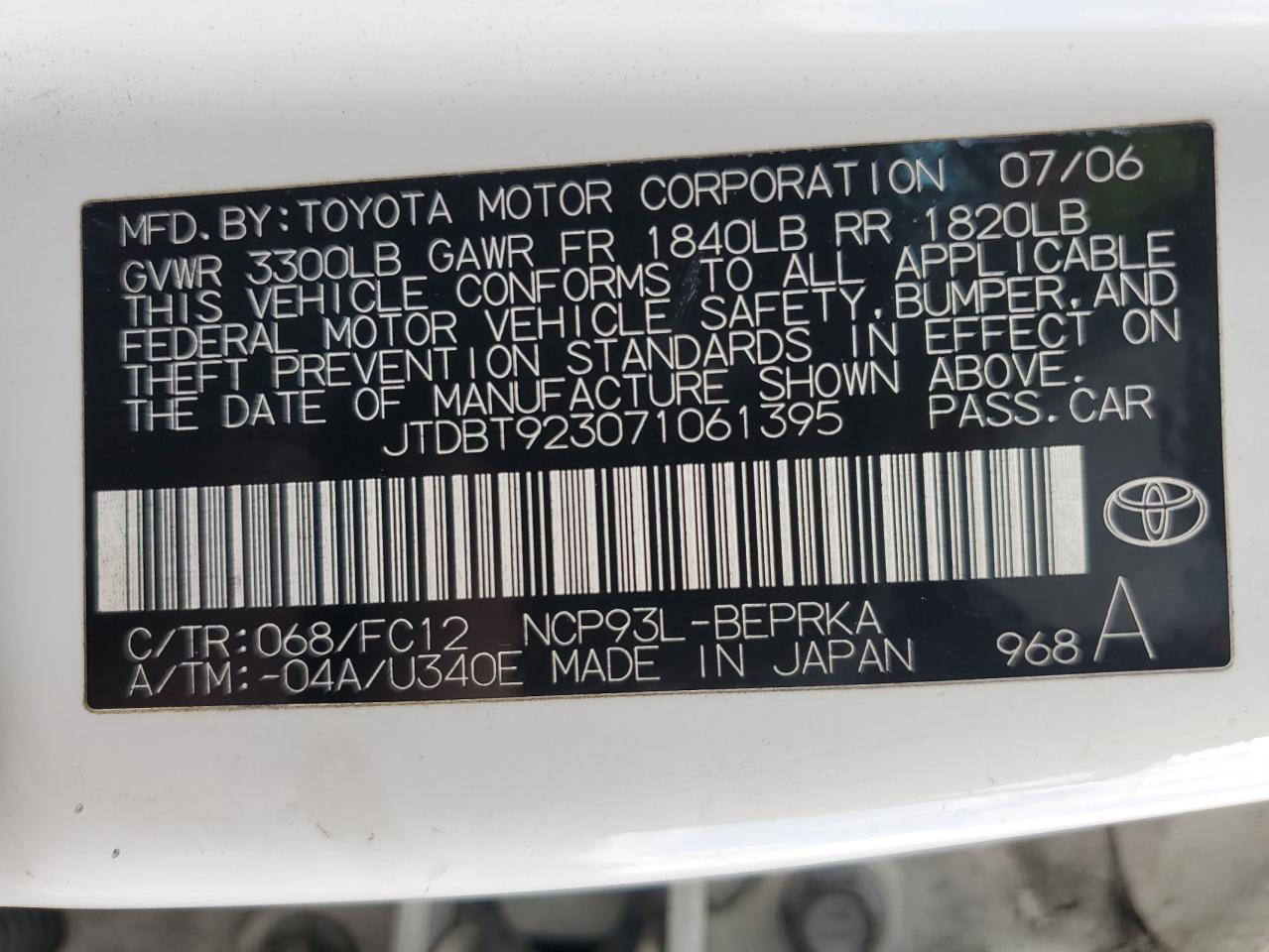 2007 Toyota Yaris VIN: JTDBT923071061395 Lot: 89126285