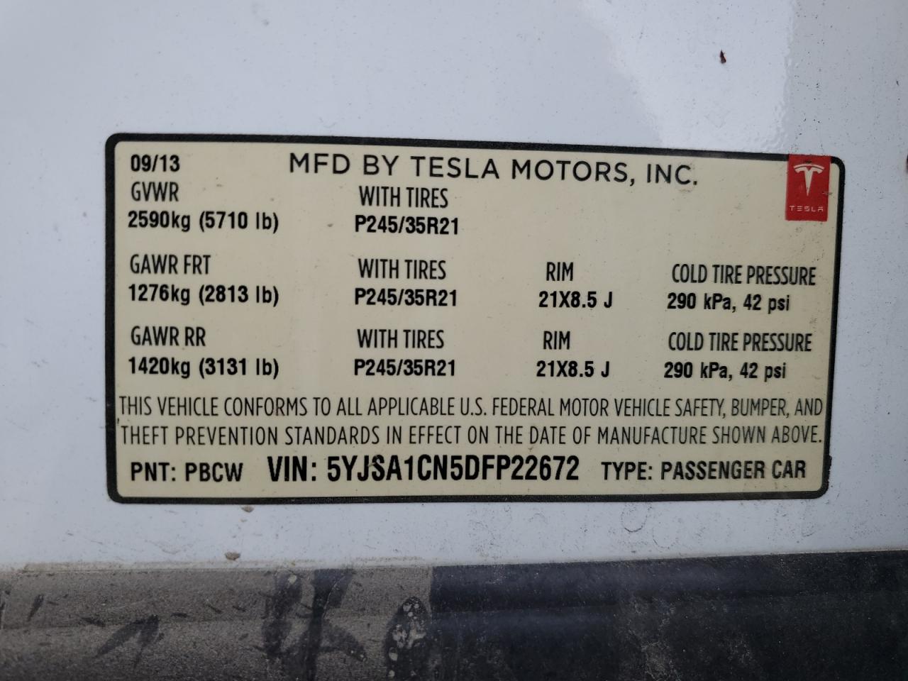 VIN 5YJSA1CN5DFP22672 2013 TESLA MODEL S no.13