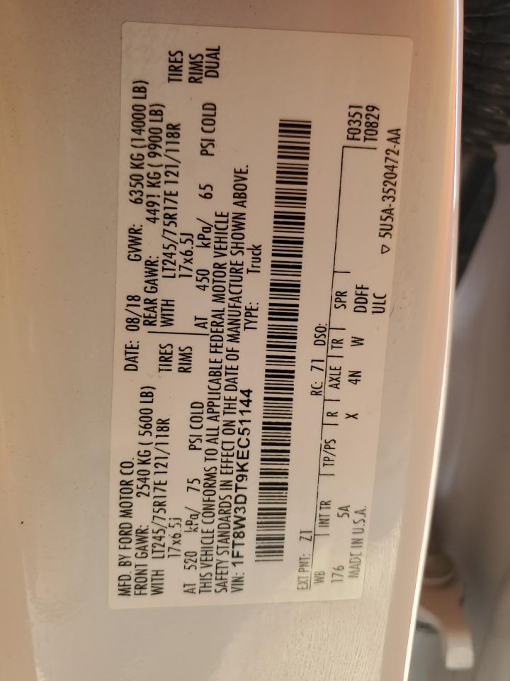 2019 Ford F350 Super Duty VIN: 1FT8W3DT9KEC51144 Lot: 88709015