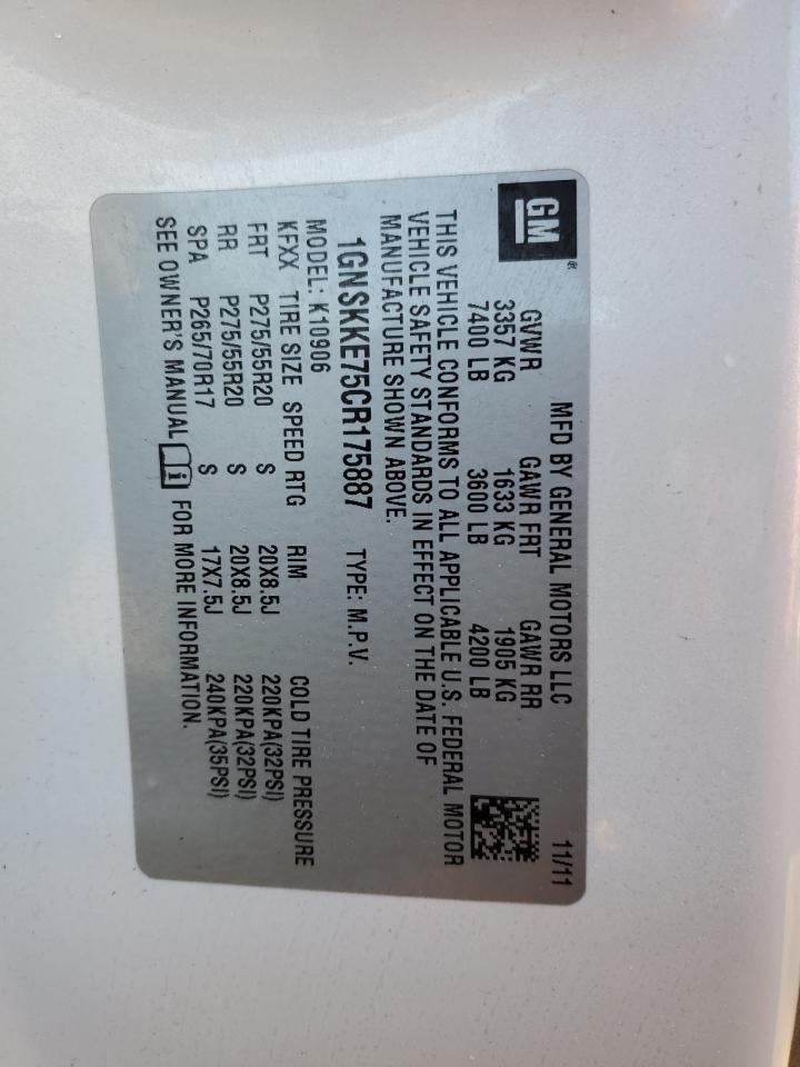 2012 Chevrolet Suburban K1500 Ltz VIN: 1GNSKKE75CR175887 Lot: 89185935