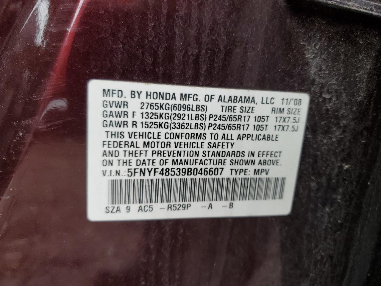 2009 Honda Pilot Exl VIN: 5FNYF48539B046607 Lot: 88776075