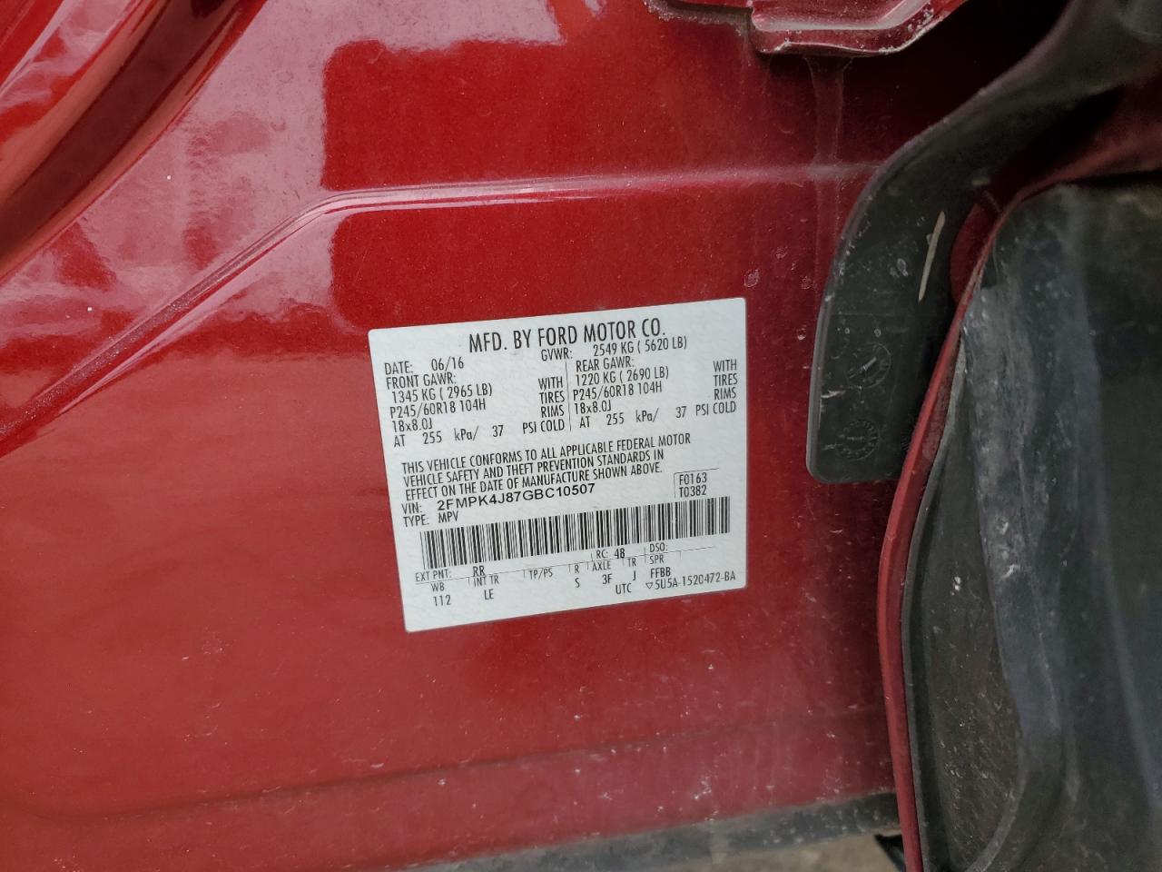 2016 Ford Edge Sel VIN: 2FMPK4J87GBC10507 Lot: 41646385