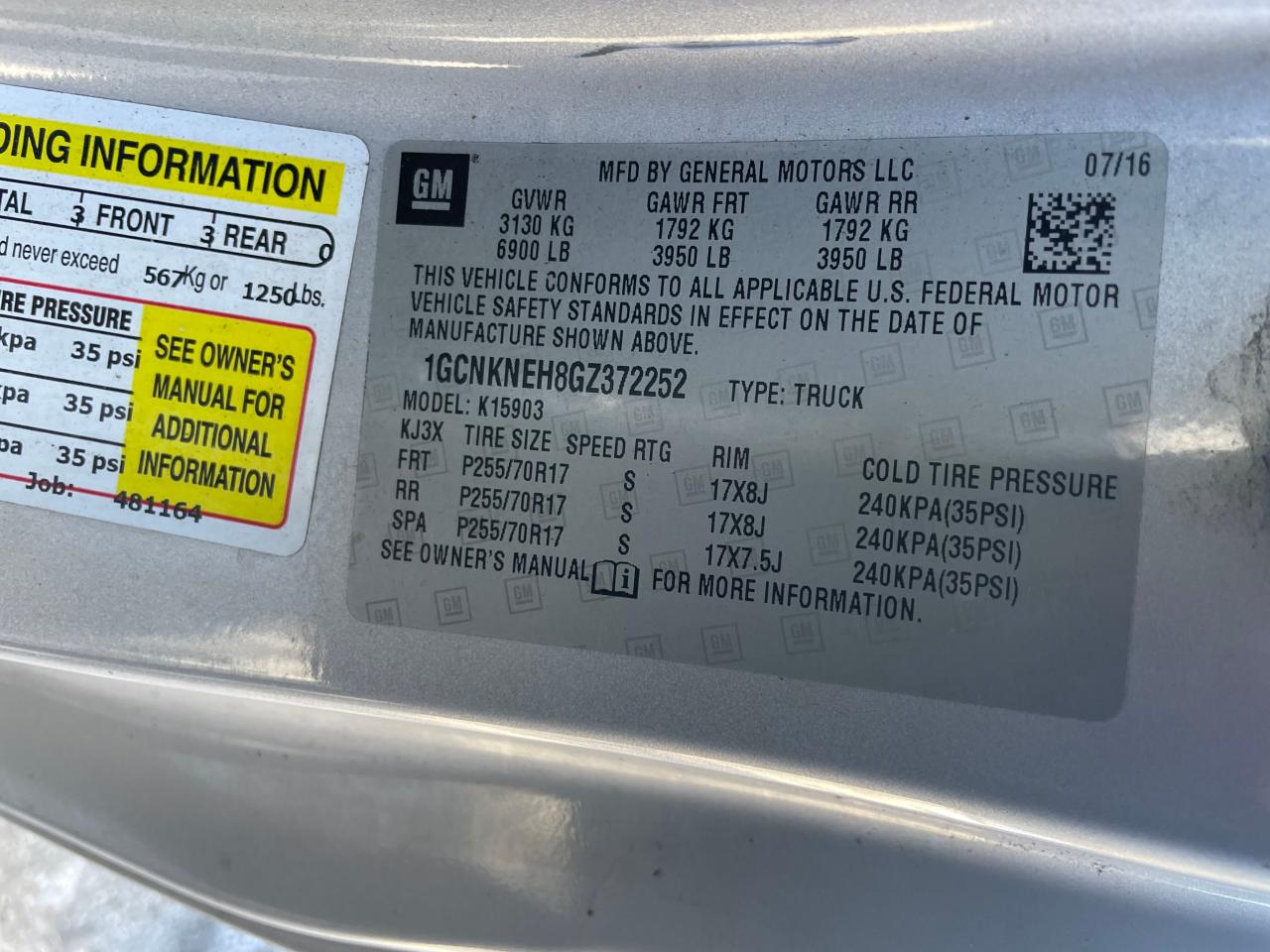 2016 Chevrolet Silverado K1500 VIN: 1GCNKNEH8GZ372252 Lot: 43192905