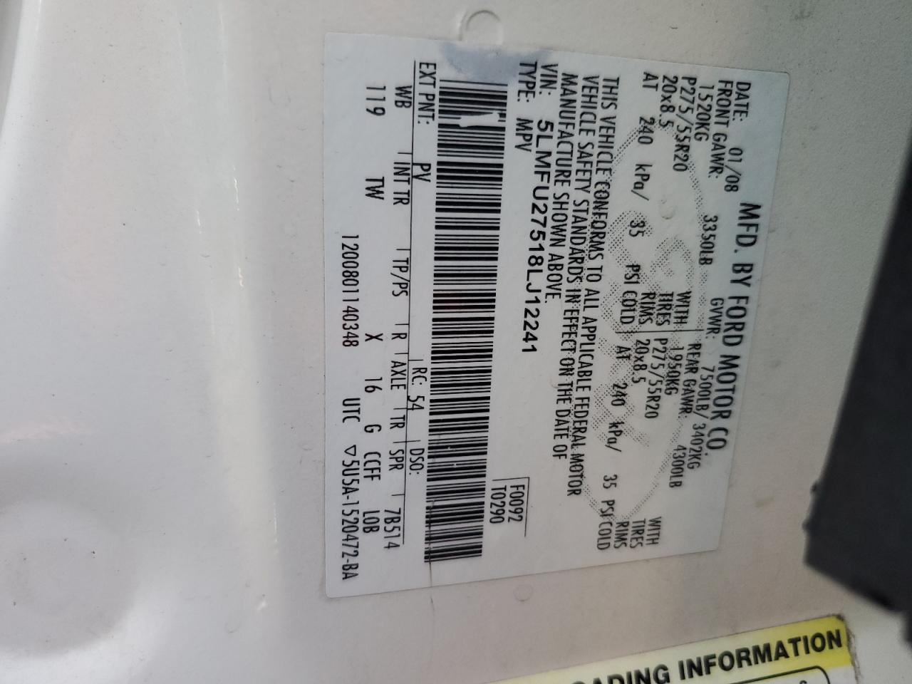 2008 Lincoln Navigator VIN: 5LMFU27518LJ12241 Lot: 84870034