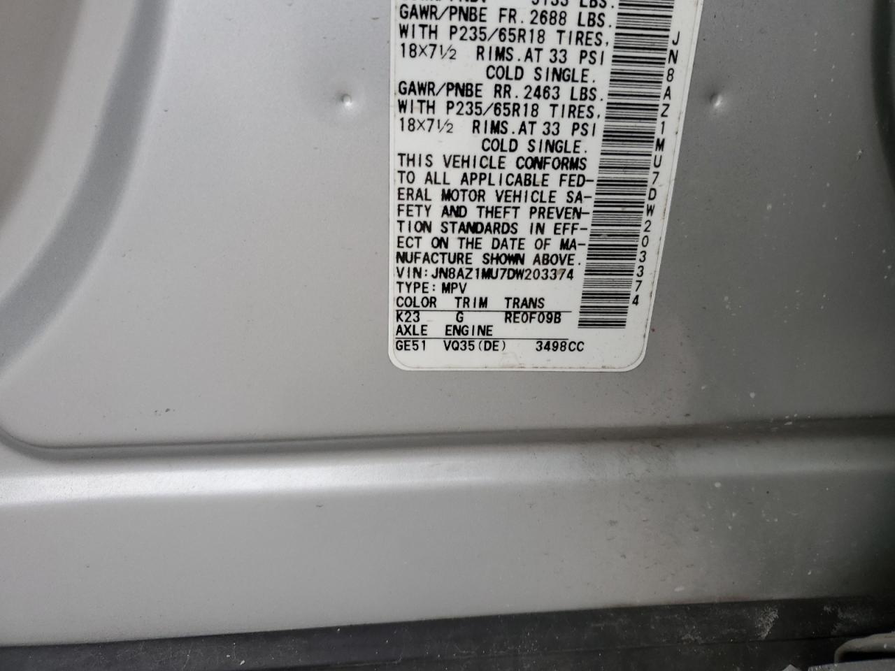 2013 Nissan Murano VIN: JNBAZ1MU7DW203374 Lot: 87175764