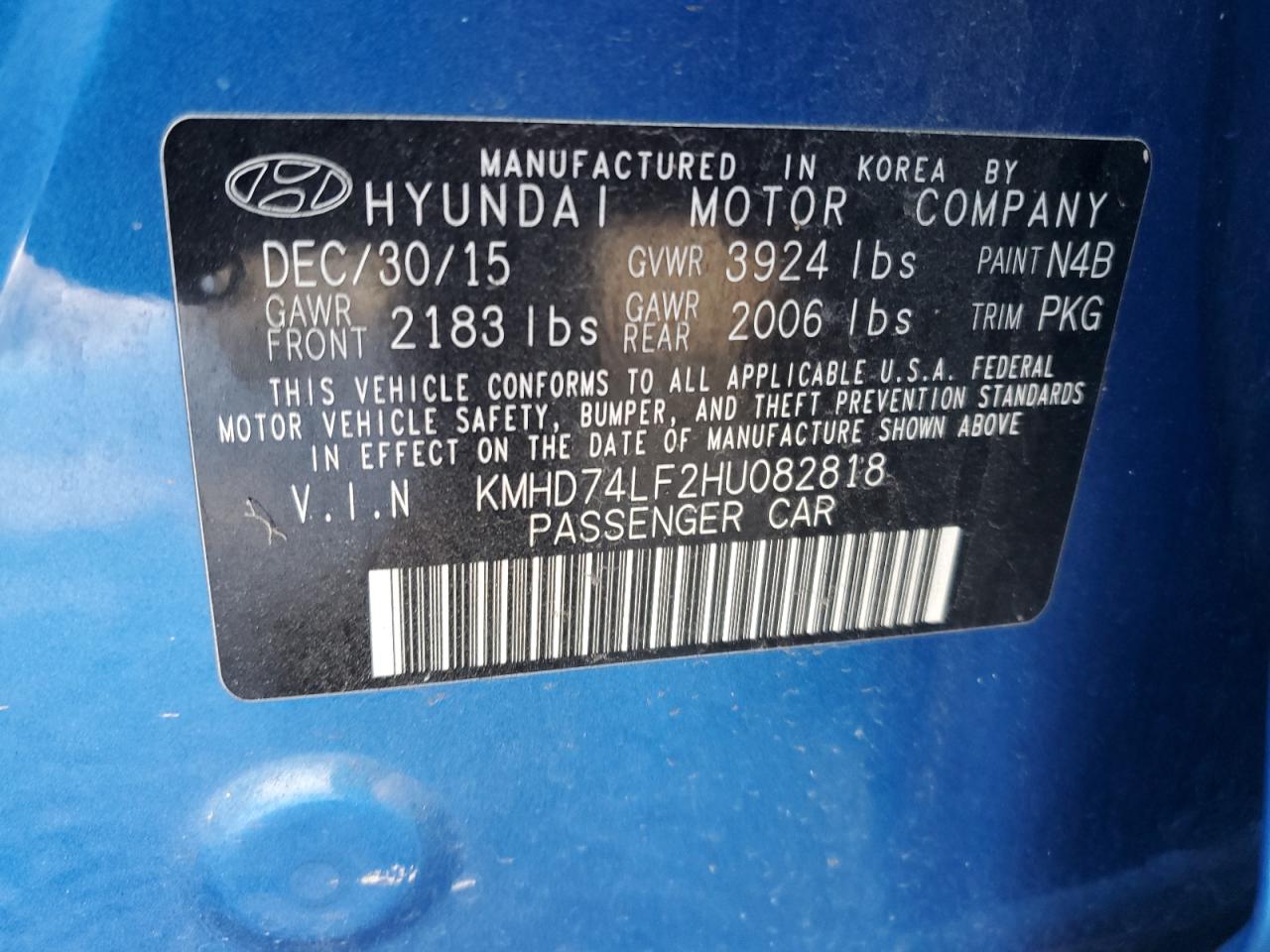 VIN KMHD74LF2HU082818 2017 HYUNDAI ELANTRA no.12