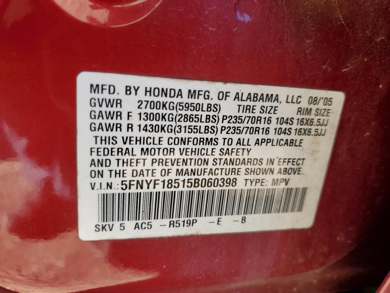 2005 Honda Pilot Exl VIN: 5FNYF18515B060398 Lot: 86952264