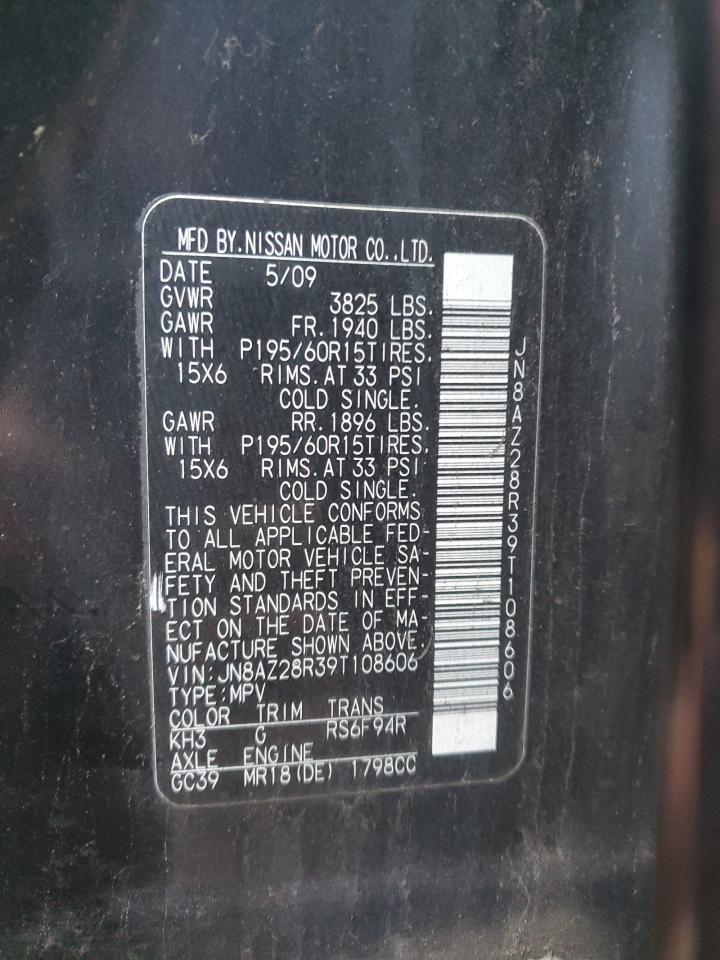 2009 Nissan Cube Base VIN: JN8AZ28R39T108606 Lot: 87056474