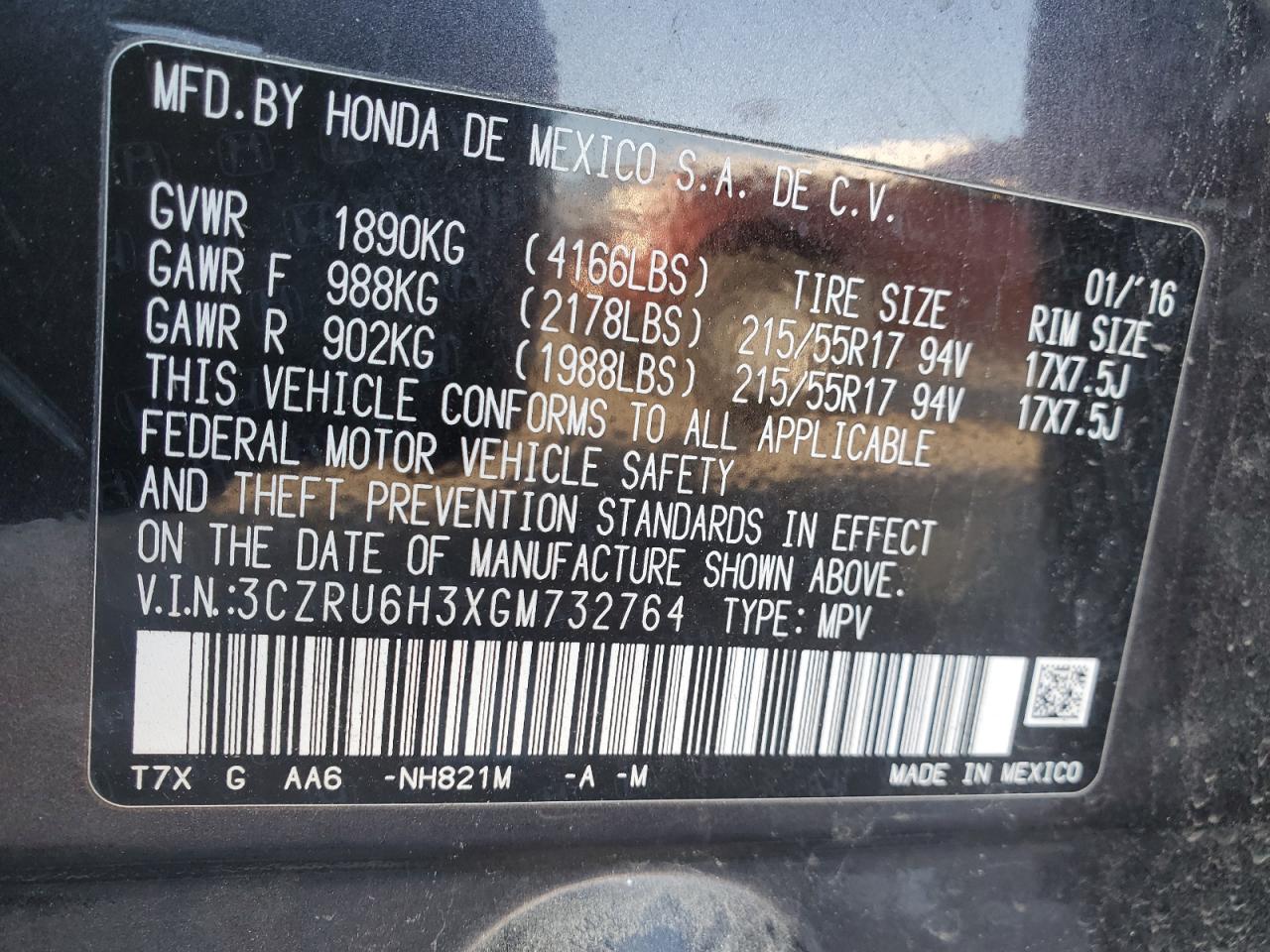 2016 Honda Hr-V Lx VIN: 3CZRU6H3XGM732764 Lot: 41792605