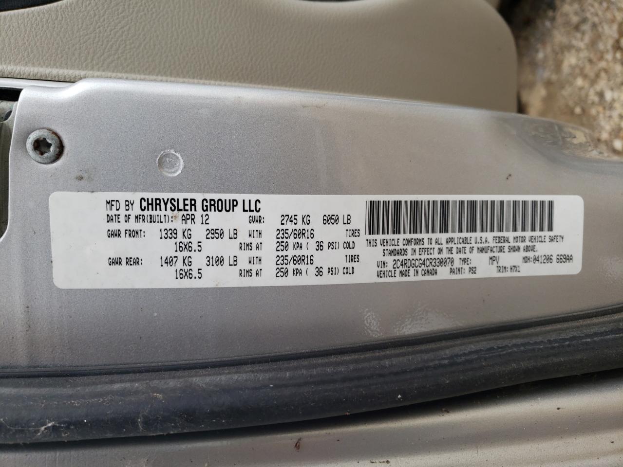 2012 Dodge Grand Caravan Sxt VIN: 2C4RDGCG4CR330070 Lot: 86098464