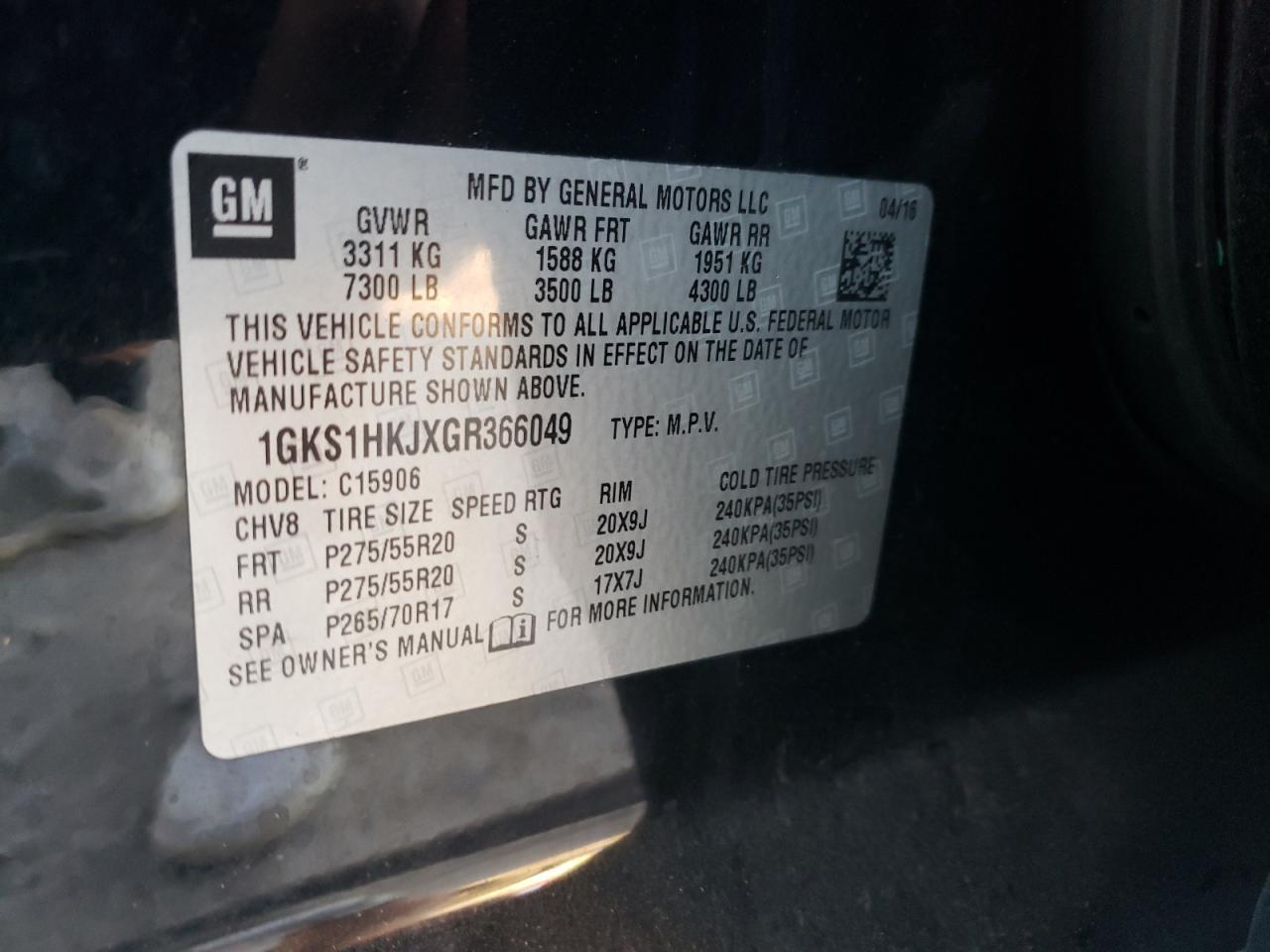 VIN 1GKS1HKJXGR366049 2016 GMC YUKON no.14