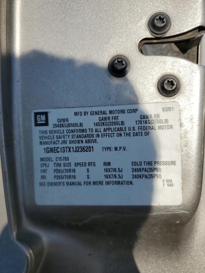 2001 Chevrolet Tahoe C1500 VIN: 1GNEC13TX1J236201 Lot: 88360215