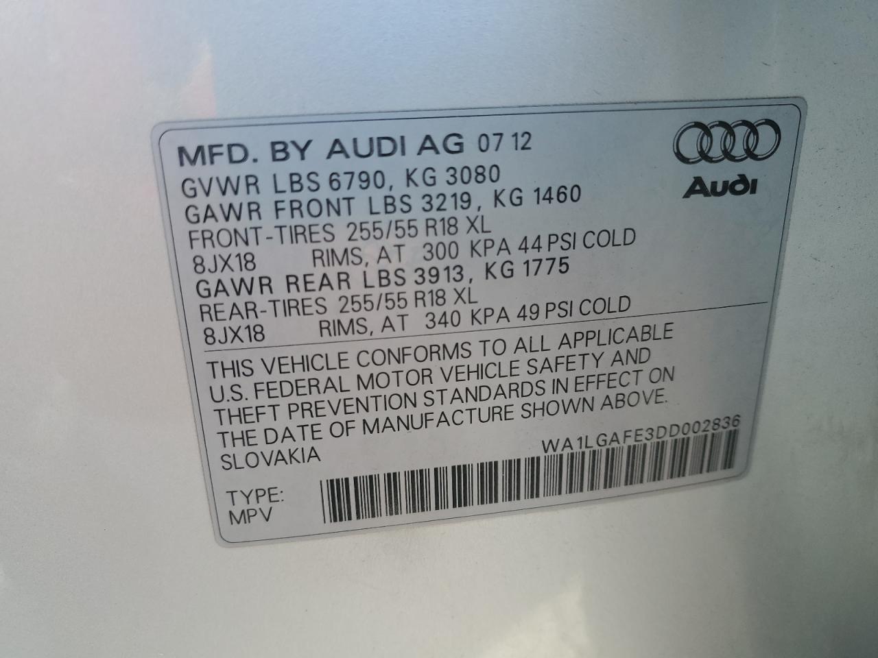 VIN WA1LGAFE3DD002836 2013 AUDI Q7 no.13