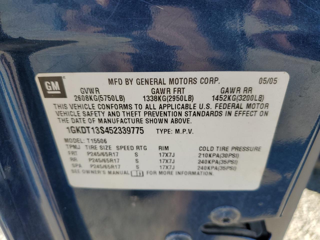 2005 GMC Envoy VIN: 1GKDT13S452339775 Lot: 88646935