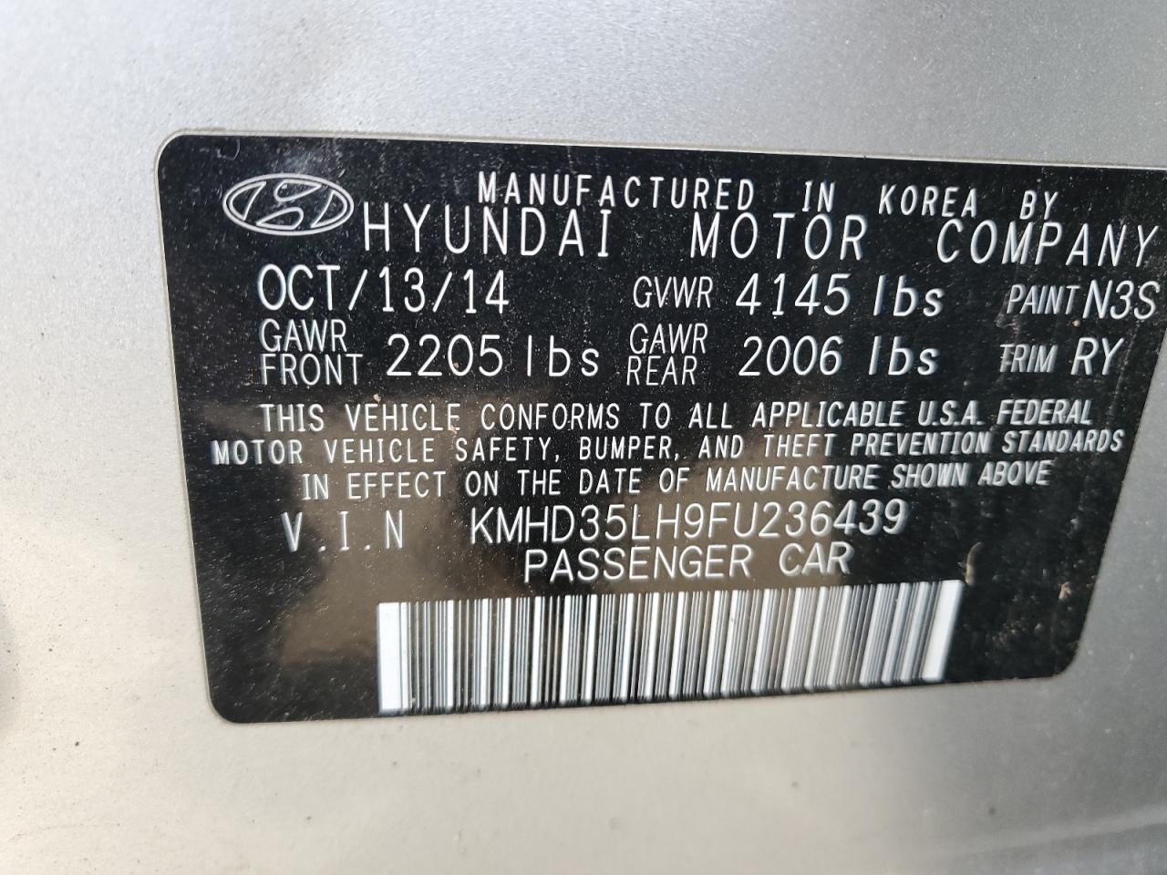 VIN KMHD35LH9FU236439 2015 HYUNDAI ELANTRA no.12