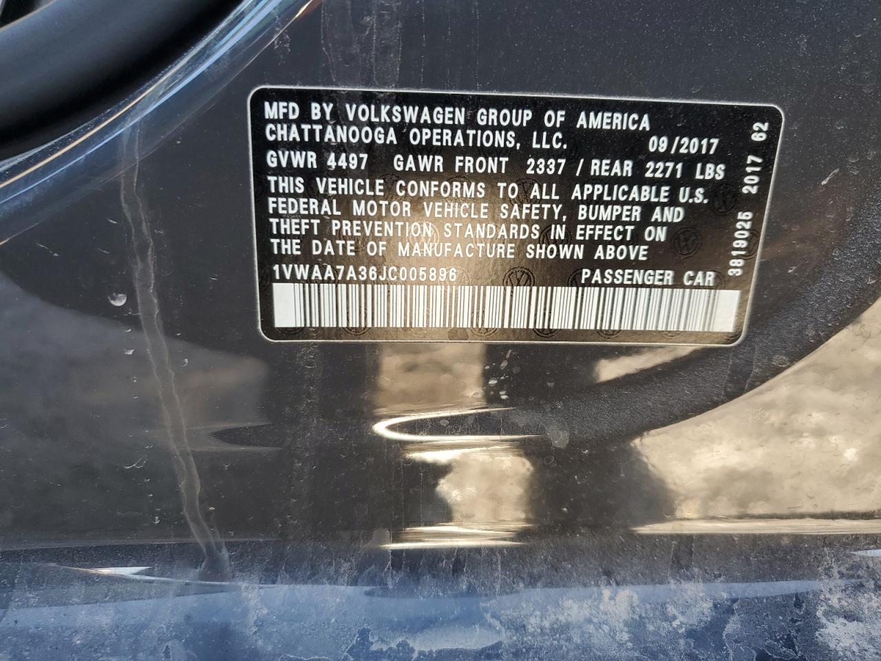 2018 Volkswagen Passat S VIN: 1VWAA7A36JC005896 Lot: 87377444