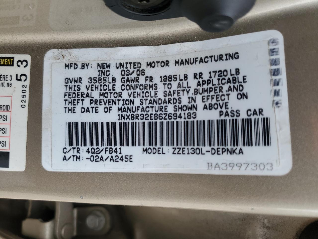 2006 Toyota Corolla Ce VIN: 1NXBR32E86Z694183 Lot: 41968895