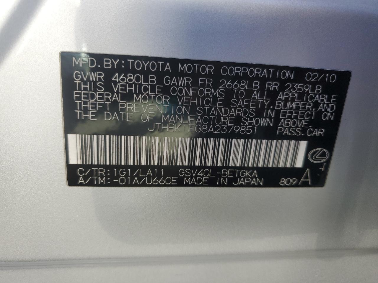 2010 Lexus Es 350 VIN: JTHBK1EG8A2379851 Lot: 87717885