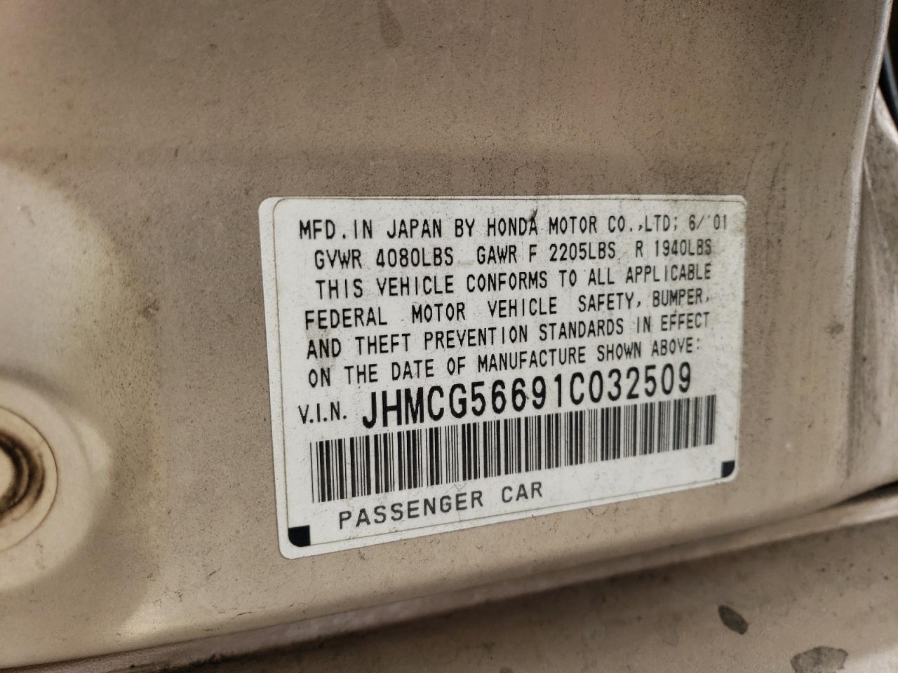 2001 Honda Accord Ex VIN: JHMCG56691C032509 Lot: 87056144