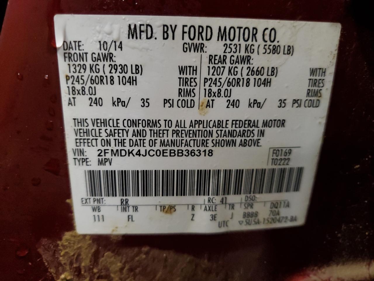 2014 Ford Edge Sel VIN: 2FMDK4JC0EBB36318 Lot: 88975305