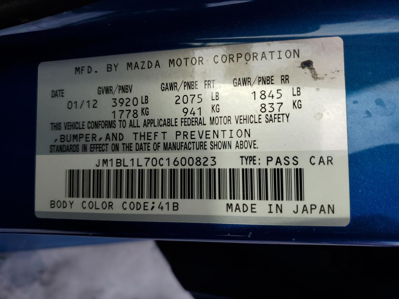 2012 Mazda 3 I VIN: JM1BL1L70C1600823 Lot: 87926125