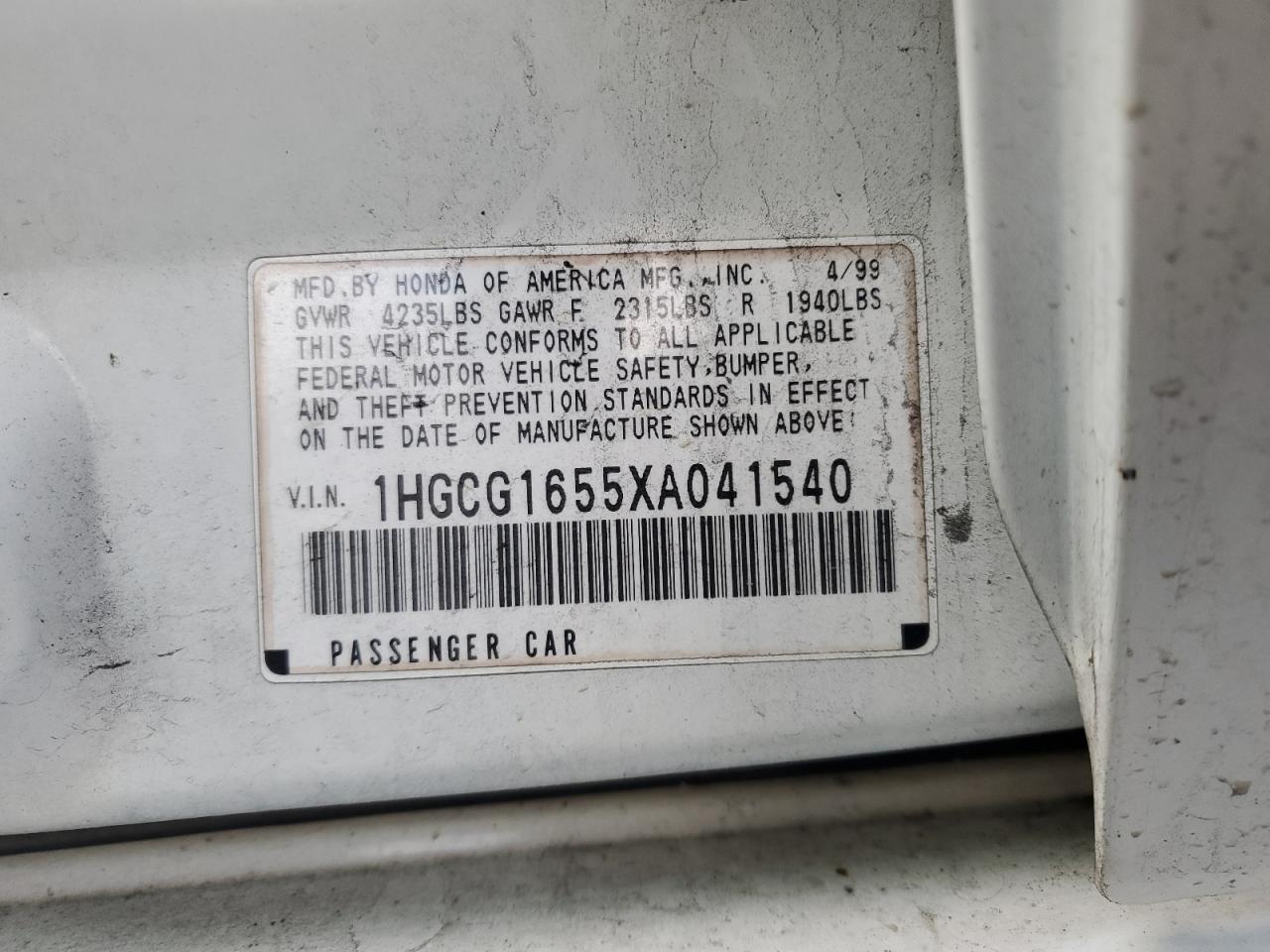 1999 Honda Accord Ex VIN: 1HGCG1655XA041540 Lot: 86835384