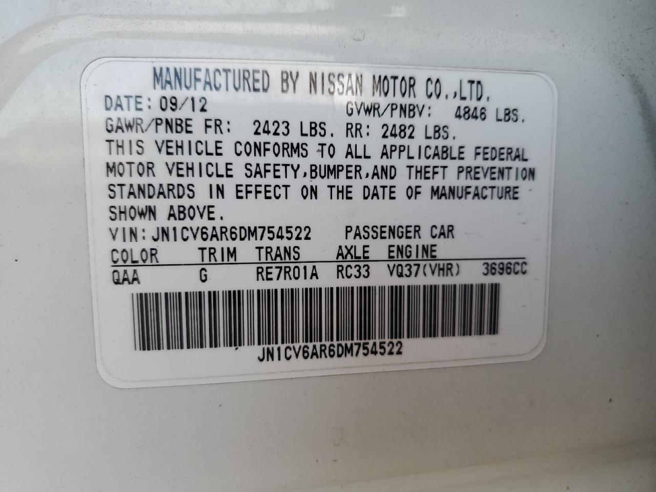 2013 Infiniti G37 VIN: JN1CV6AR6DM754522 Lot: 52069735