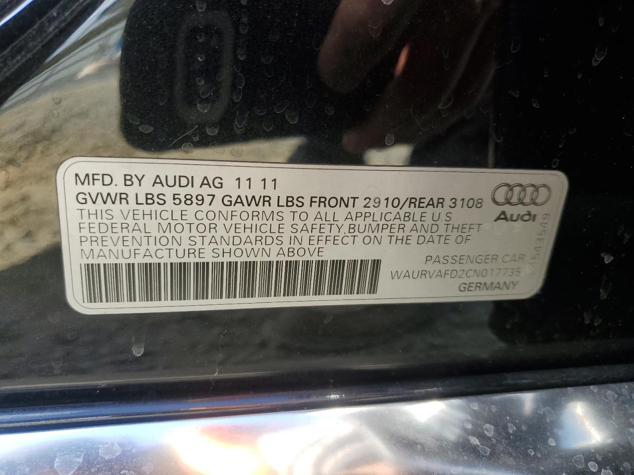 2012 Audi A8 L Quattro VIN: WAURVAFD2CN017735 Lot: 42399705