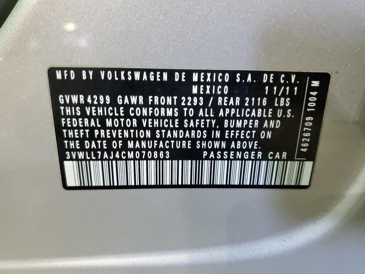 2012 Volkswagen Jetta Tdi VIN: 3VWLL7AJ4CM070863 Lot: 89155745