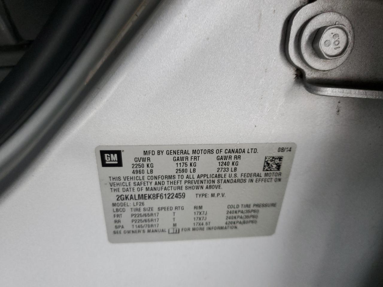 2015 GMC Terrain Sle VIN: 2GKALMEK8F6122459 Lot: 41442195