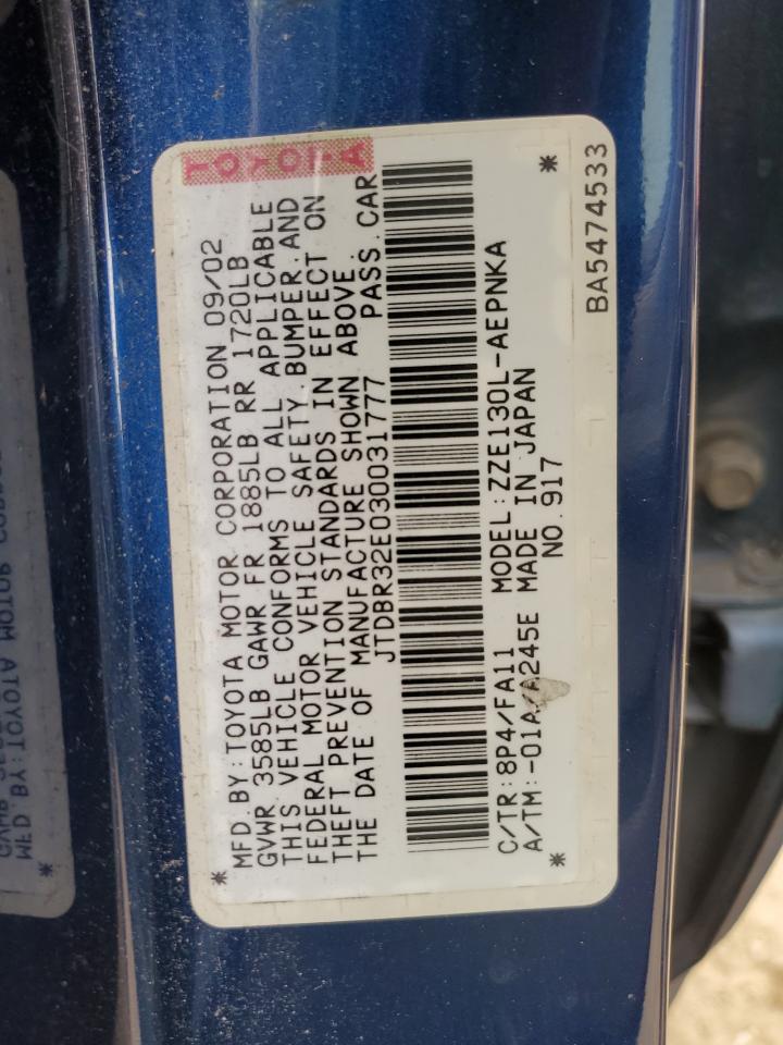 2003 Toyota Corolla Ce VIN: JTDBR32E030031777 Lot: 43399945